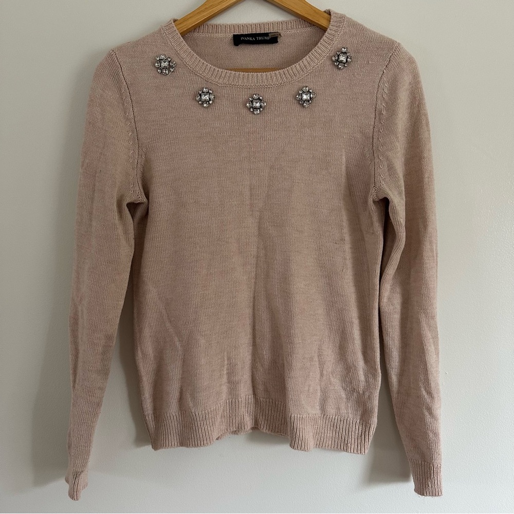 Ivanka Trump pink sweater faux diamond crystals along neckline